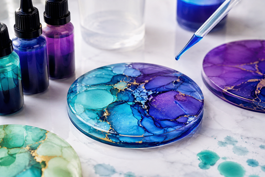 Can you use alcohol ink in UV resin colorful resin art and alcohol ink bottles.