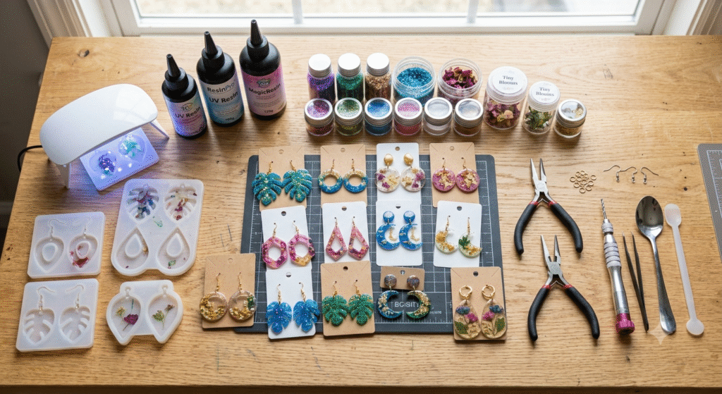 Handmade resin earrings and silicone molds on a jewelry-making table.