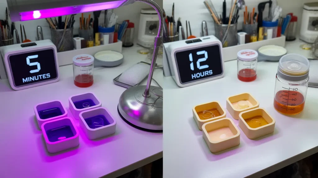 UV resin fast curing under UV lamp vs epoxy resin slow curing in jewelry molds comparison