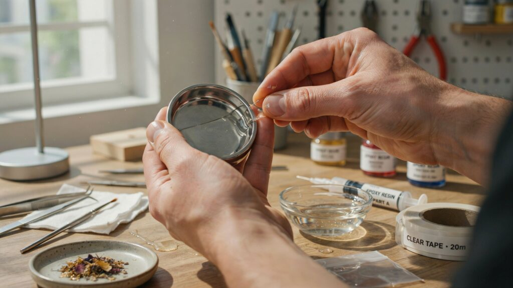 Applying clear resin tape to a metal bezel for leak-proof resin jewelry making