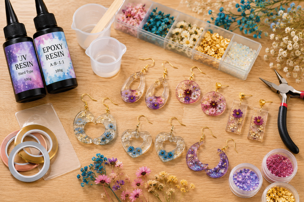 Handmade resin earrings without molds with UV resin, epoxy resin, dried flowers, and jewelry-making supplies