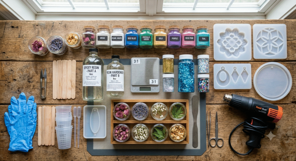What is resin art made of materials and supplies on a crafting table