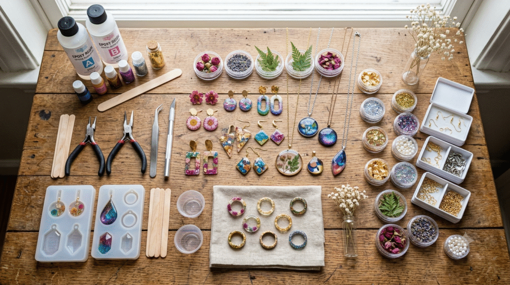 How to make jewellery with resin using tools and handmade resin pieces.