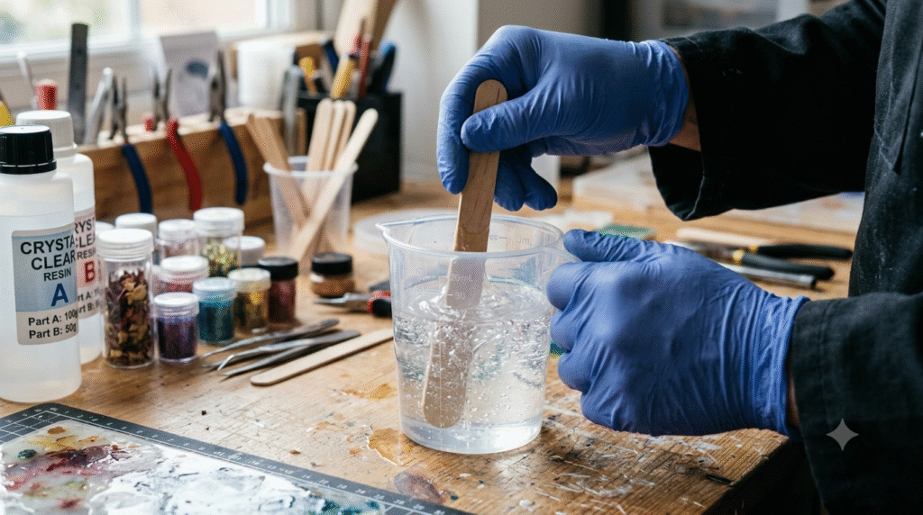 Mixing epoxy resin for making jewellery with resin.