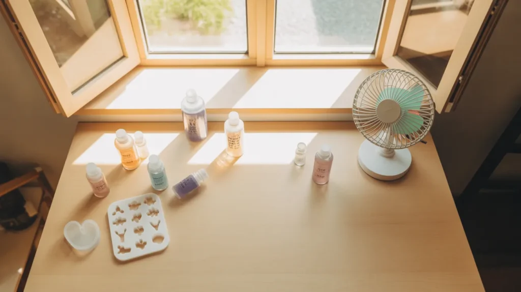open window with fan next to UV resin craft workspace for ventilation