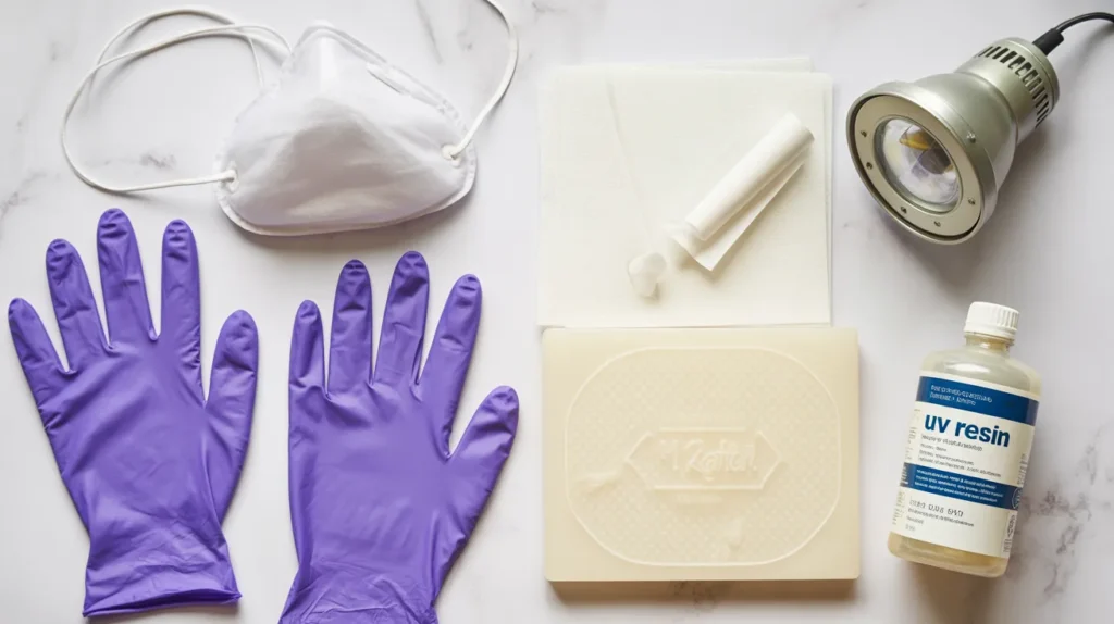 UV resin safety supplies flat lay including gloves mask and UV lamp